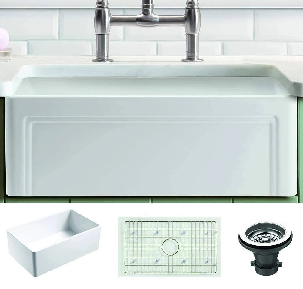 White Fireclay Kitchen Sink with Grid & Strainer S6090