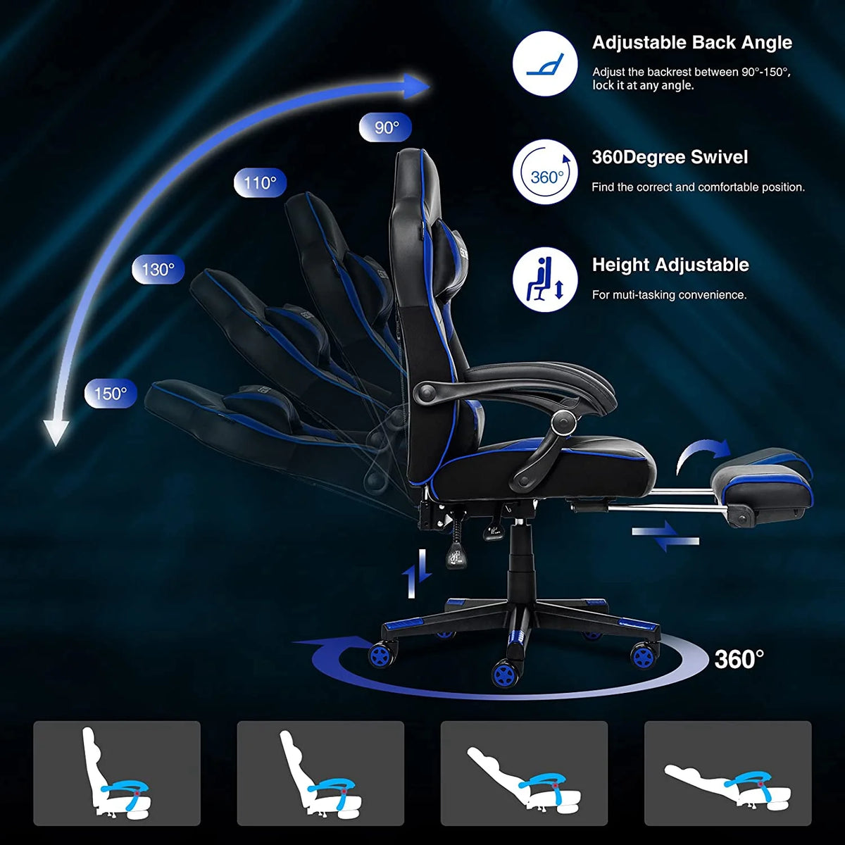 Blue PU Leather Reclining Gaming Chair with Footrest and Massage Lumbar Pillow Y138886