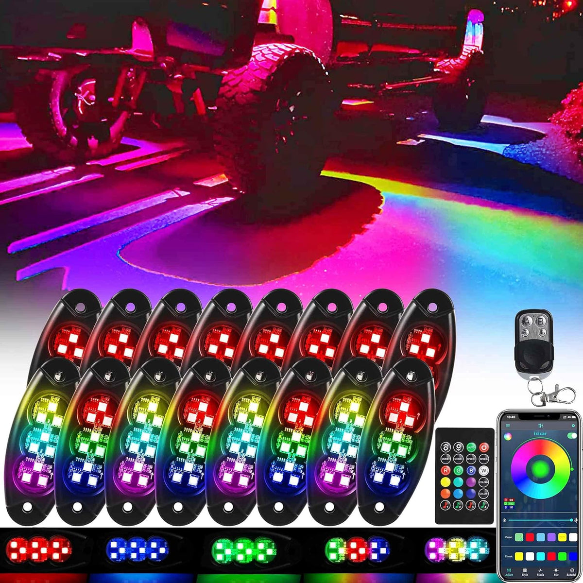 16 Pods RGB LED Rock Lights for Trucks P60610