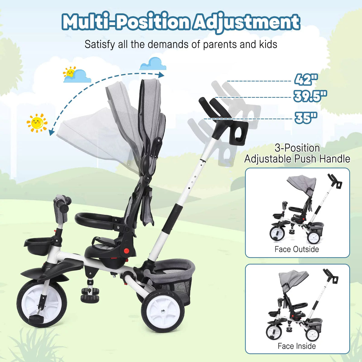 Folding Toddler Tricycle with Adjustable Push Handle, Harness, Canopy and Storage O423