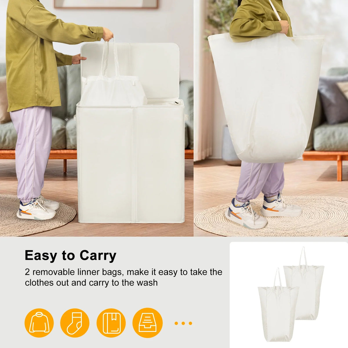 Beige Double Laundry Hamper with Lid and 2 Removable Liner Bags V4989