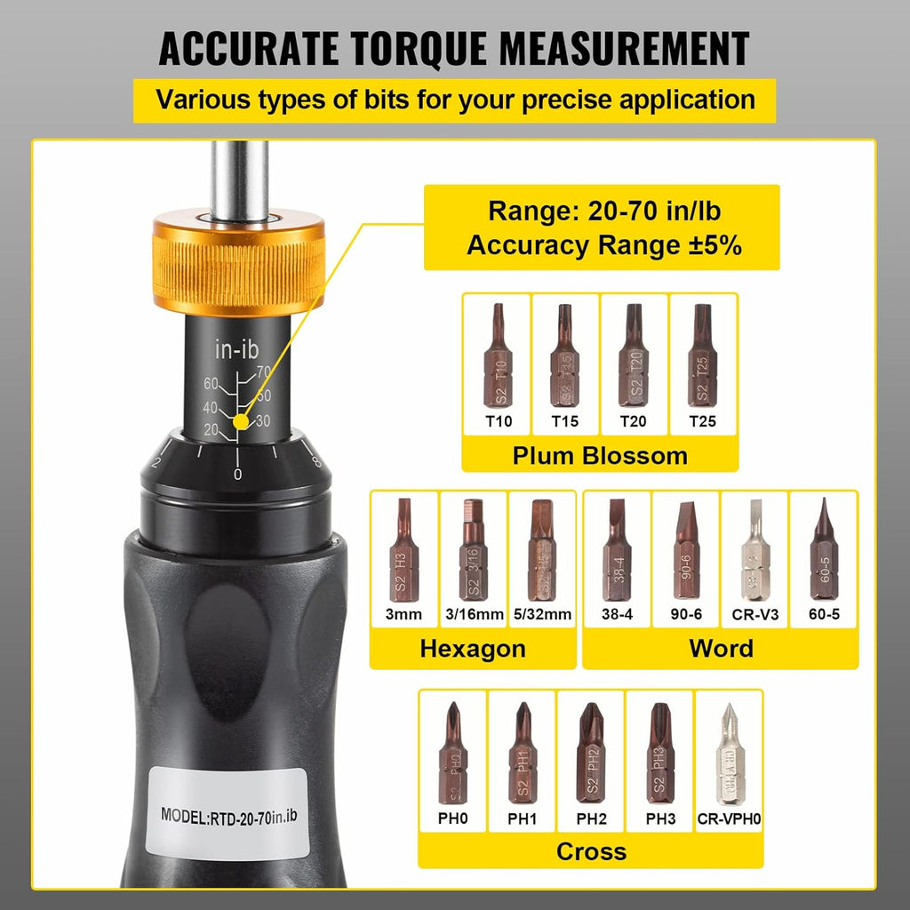 1/4" Drive Torque Screwdriver, 20-70 in/lbs, Adjustable, with Bits & Case, Pack of 2 T71355