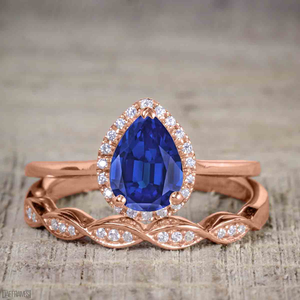 Pear Cut Lab Created Blue Sapphire Trio Wedding Ring Set A745