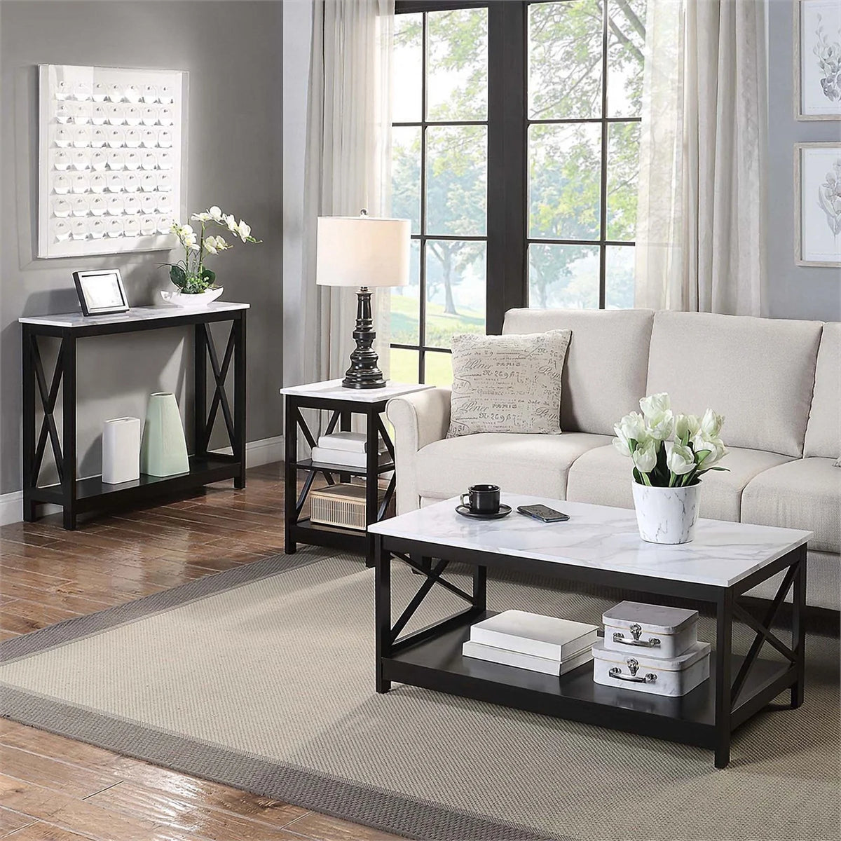 White Faux Marble and Black Wood Console Table with Shelf X409494