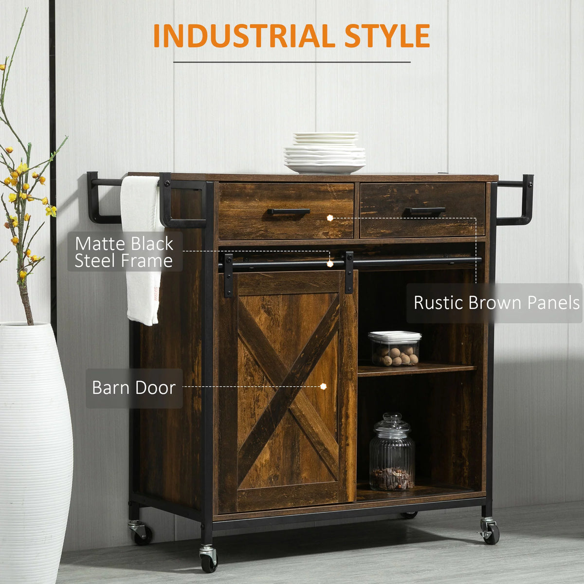 Rolling Kitchen Cart with Adjustable Shelf, Two Drawers and Towel Rack L249