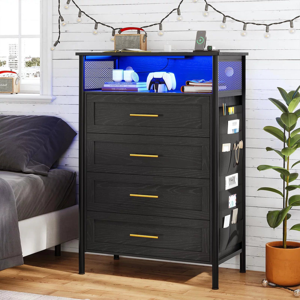 Black 4 Drawer Dresser with Charging Station A275
