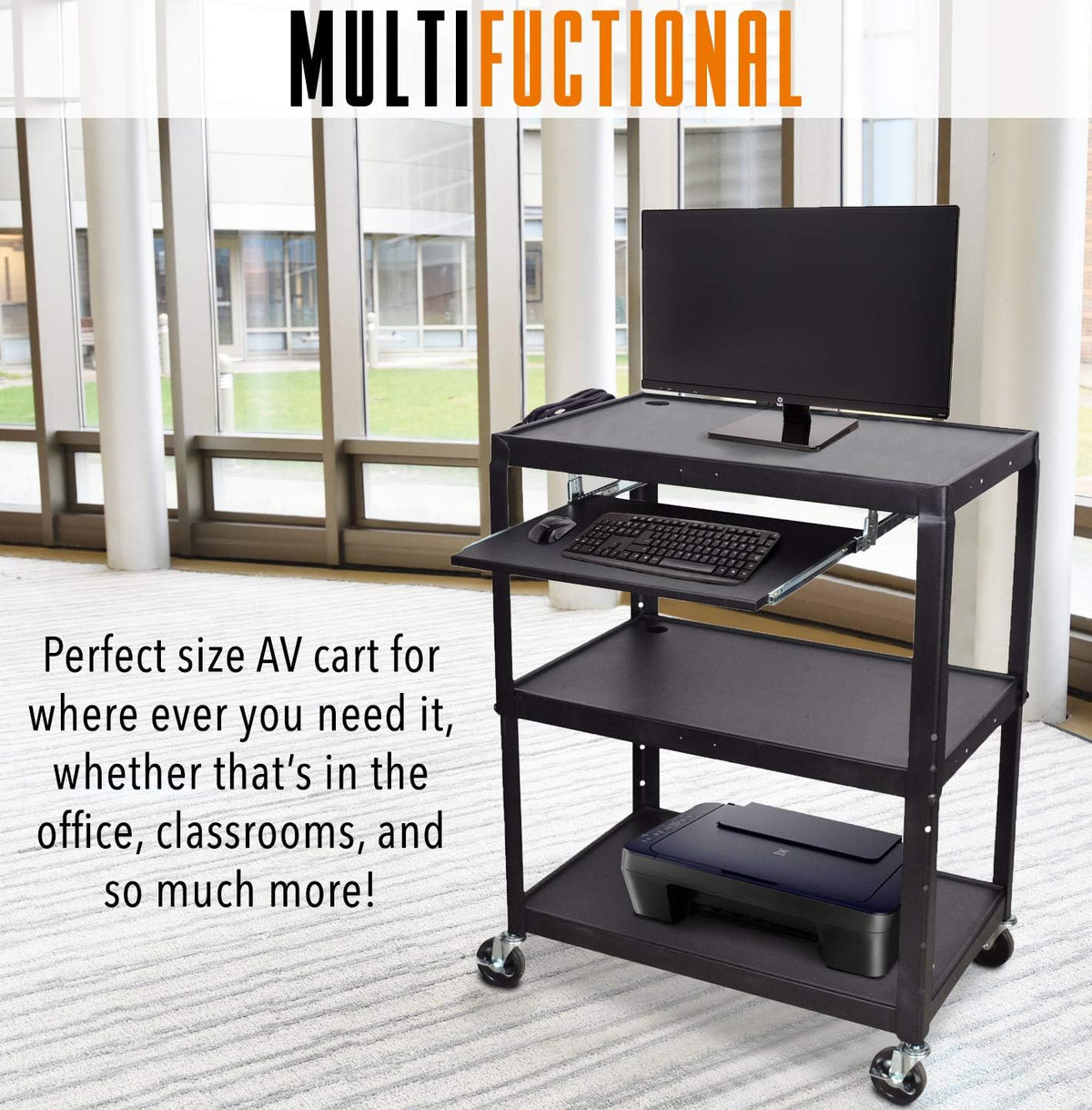 Extra Wide AV Cart with Lockable Wheels and Keyboard Tray K569978