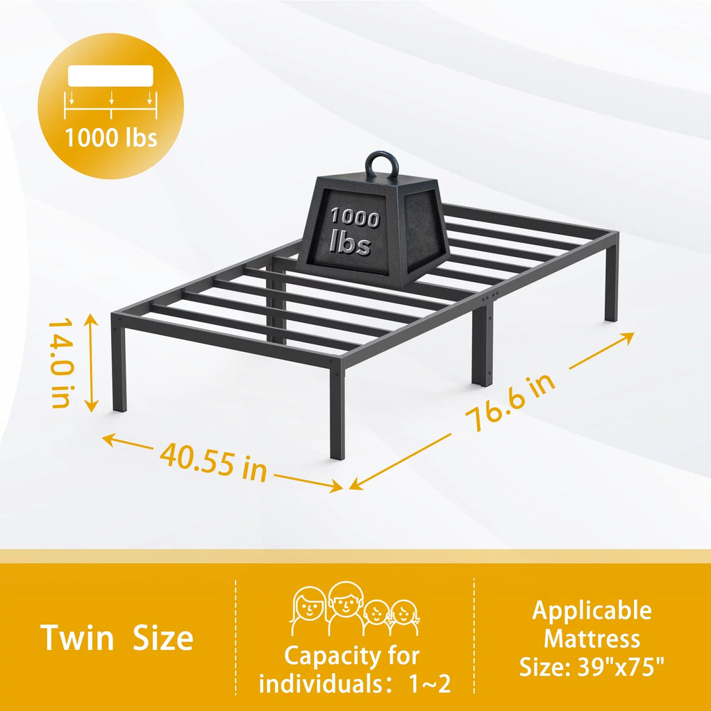 Black Twin Size Metal Platform Bed Frame with 14 inch Under Bed Storage C2032