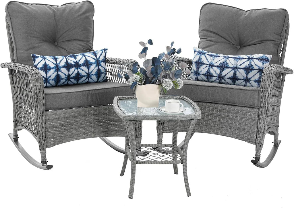 3-Piece Wicker Outdoor Rocking Chairs with Cushions and Table S106