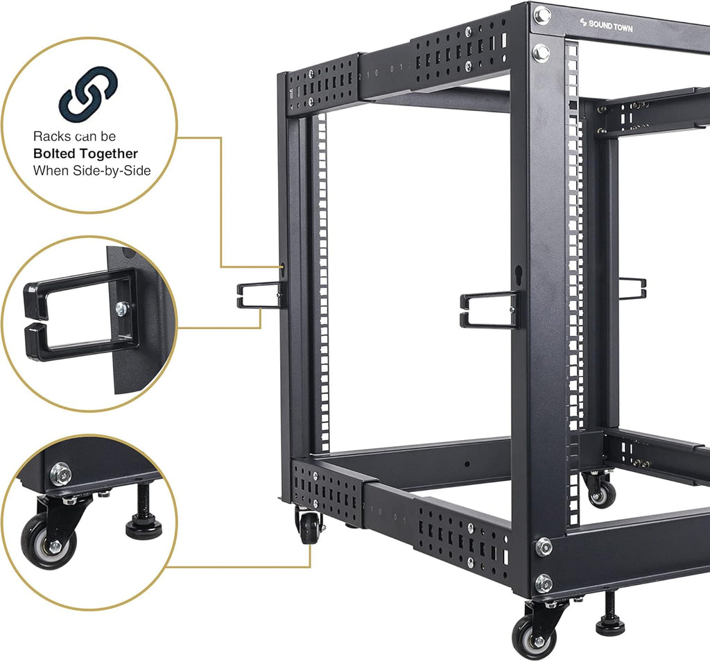 12U Open Frame Server and Network Equipment Rack with Adjustable Depth, Casters, Levelers, Cable Management O246
