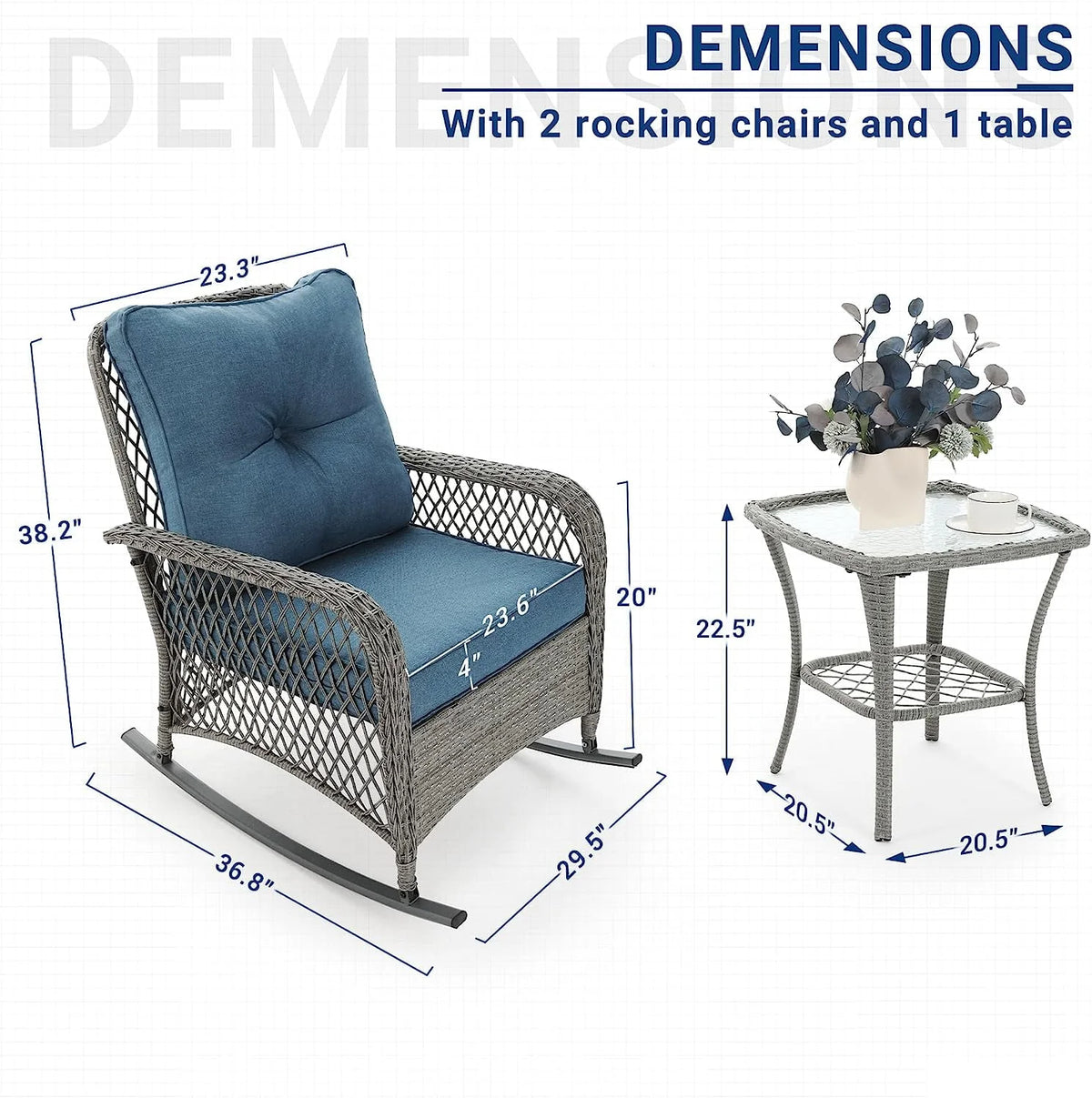 3-Piece Wicker Outdoor Rocking Chairs with Cushions and Table S106
