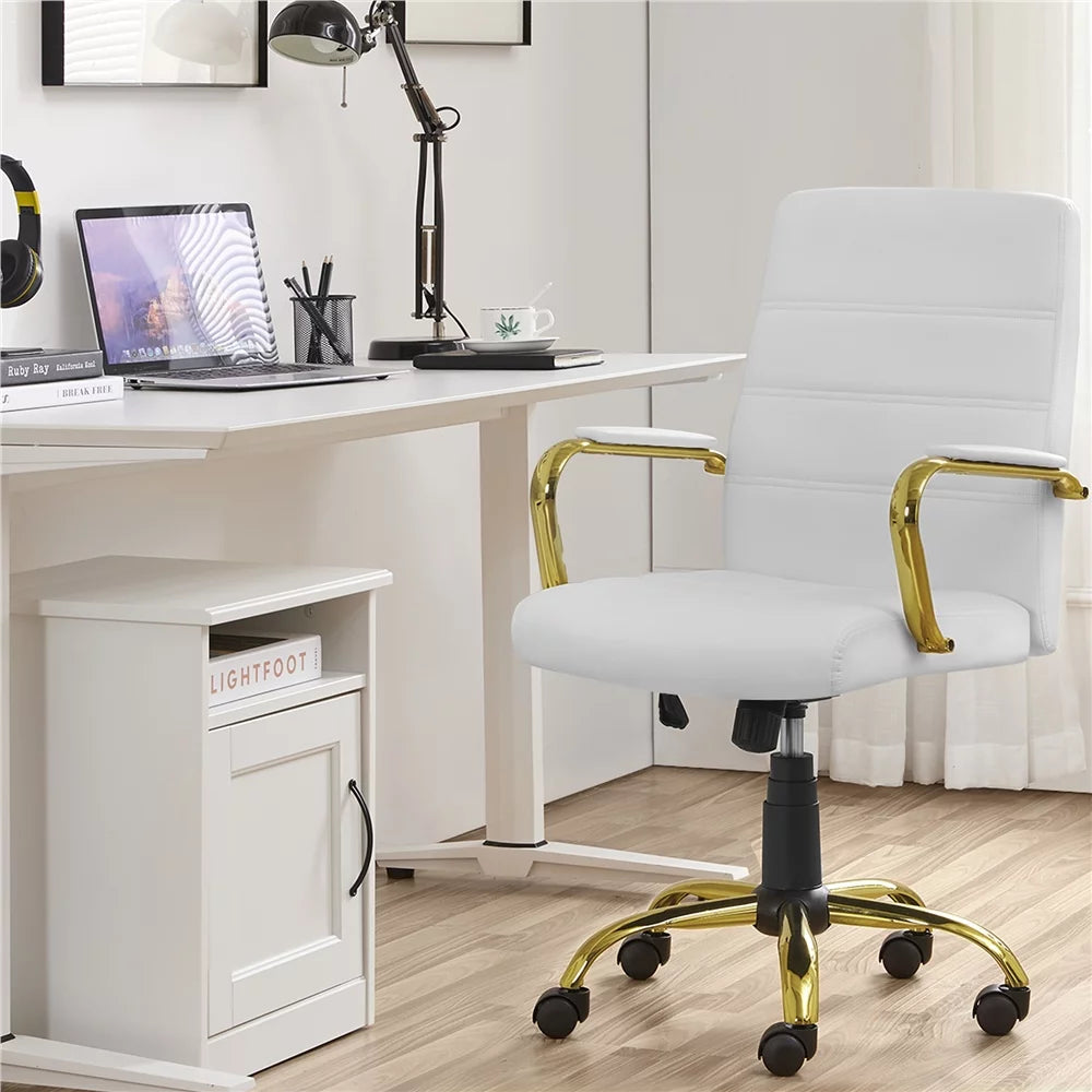 White Mid-Back Swivel PU Leather Office Chair with Gold Frame I286