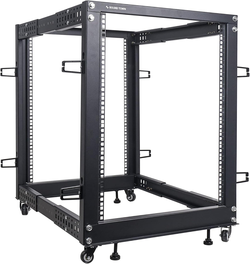 12U Open Frame Server and Network Equipment Rack with Adjustable Depth, Casters, Levelers, Cable Management O246