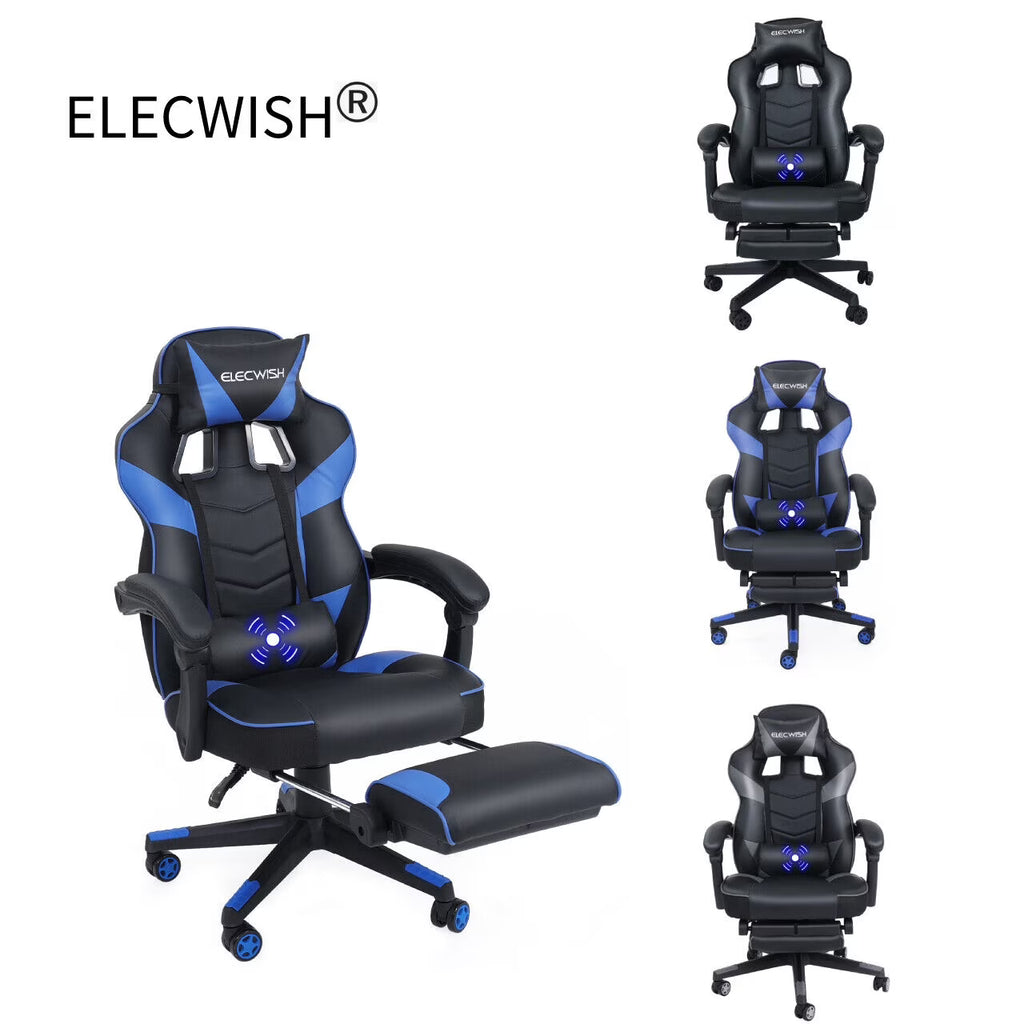 Blue PU Leather Reclining Gaming Chair with Footrest and Massage Lumbar Pillow Y138886