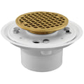 2x22 No Caulk PVC Shower Drain with Brass Tailpiece and Polished Brass Round Strainer J504
