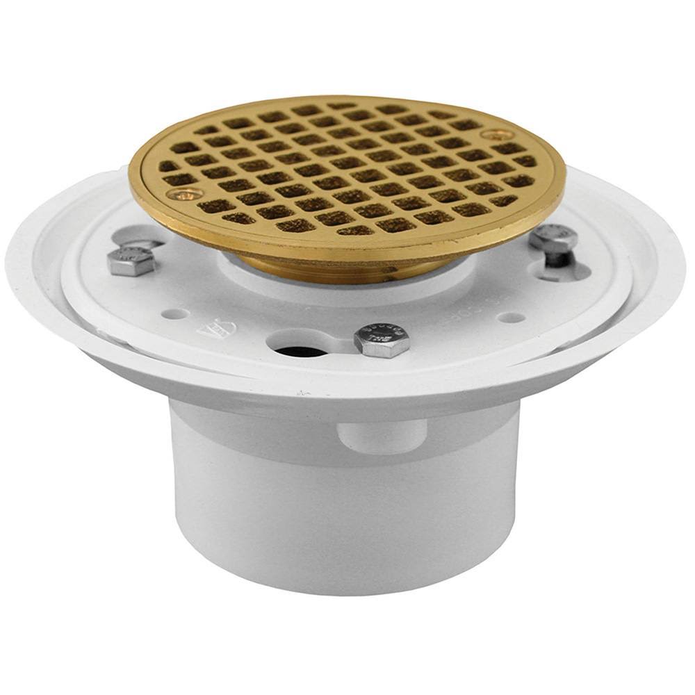 2x22 No Caulk PVC Shower Drain with Brass Tailpiece and Polished Brass Round Strainer J504