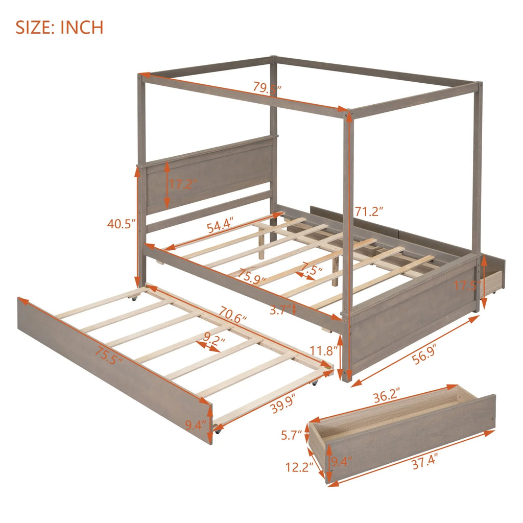 Full Size White Wood Canopy Platform Bed with Trundle Q484