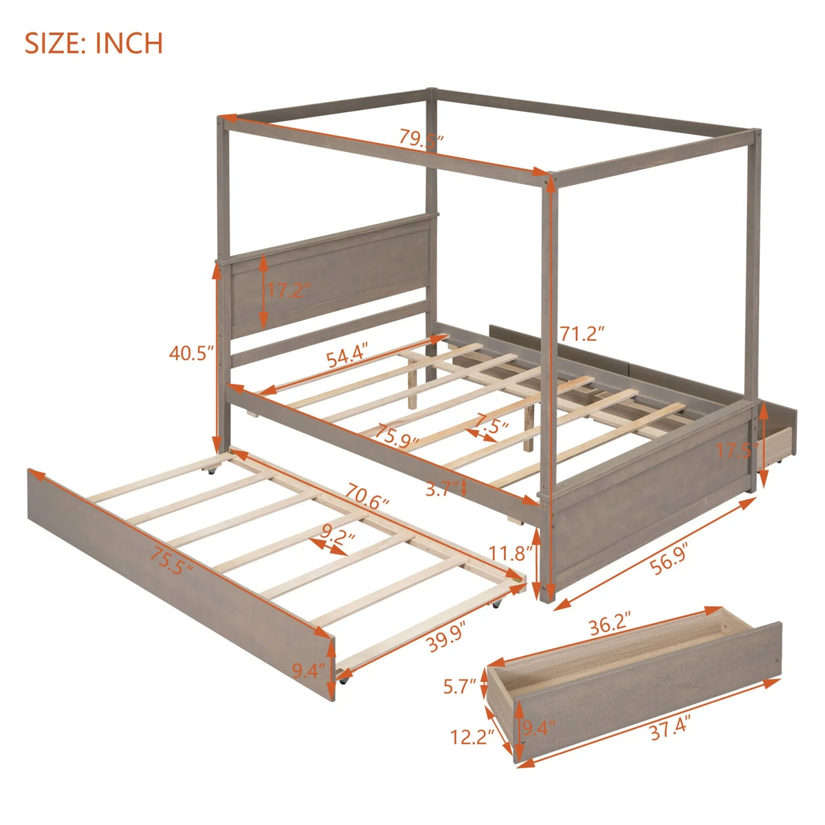 Full Size White Wood Canopy Platform Bed with Trundle Q484