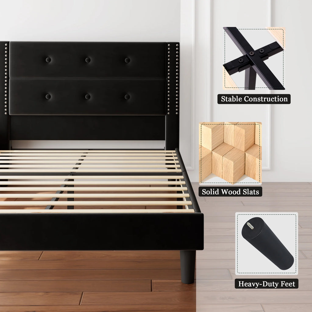 Queen Black Velvet Upholstered Platform Bed Frame with Tufting Headboard D387885