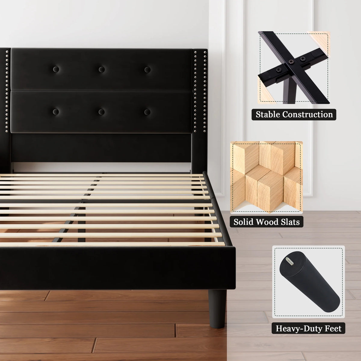 Queen Black Velvet Upholstered Platform Bed Frame with Tufting Headboard D387885