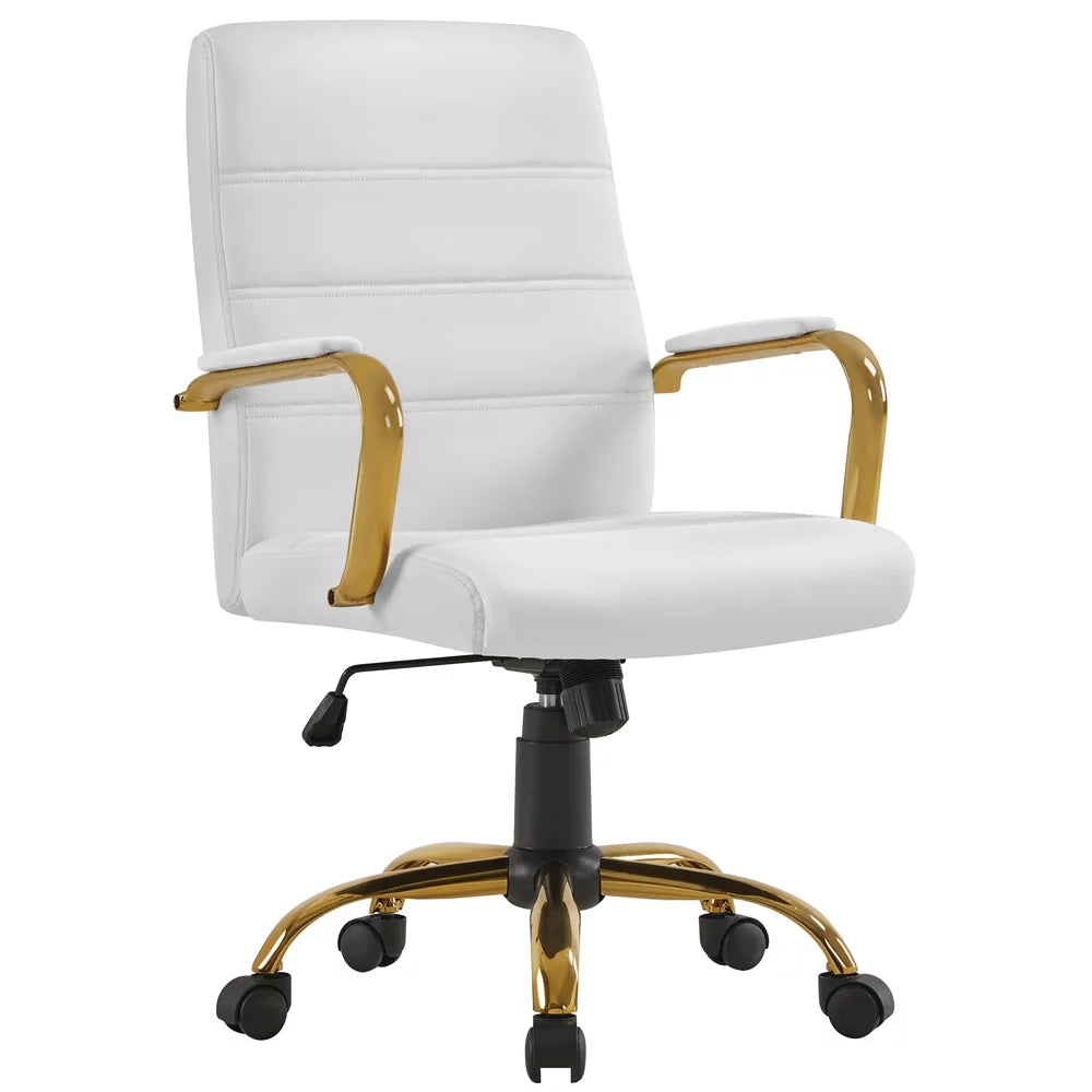 White Mid-Back Swivel PU Leather Office Chair with Gold Frame I286