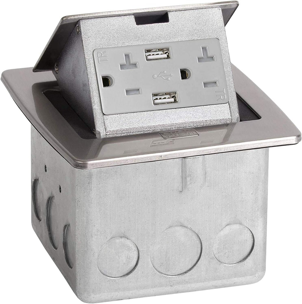 Pop Up Countertop Box with 15A Power and 2 USB Receptacle, Stainless Steel W822628