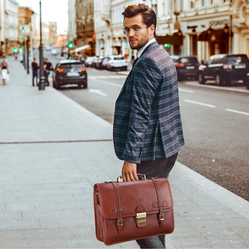 Vintage Genuine Full Grain Italian Leather Briefcase 14 Inch Laptop Bag Brown V93835