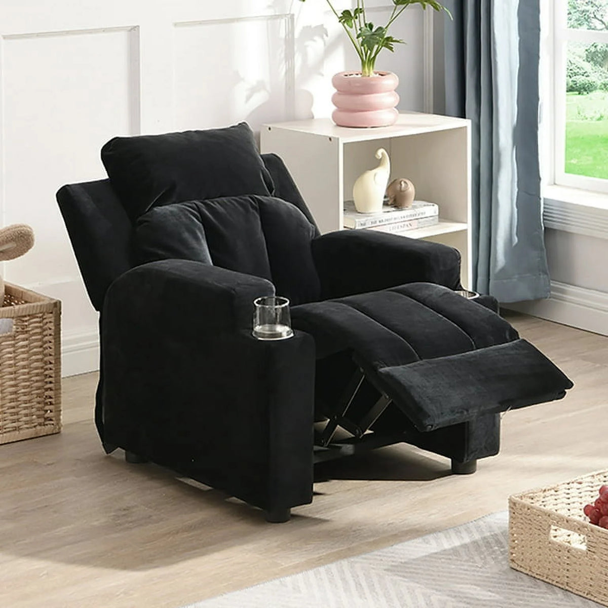 Kids Velvet Recliner Chair with Cup Holder and Footrest J3605