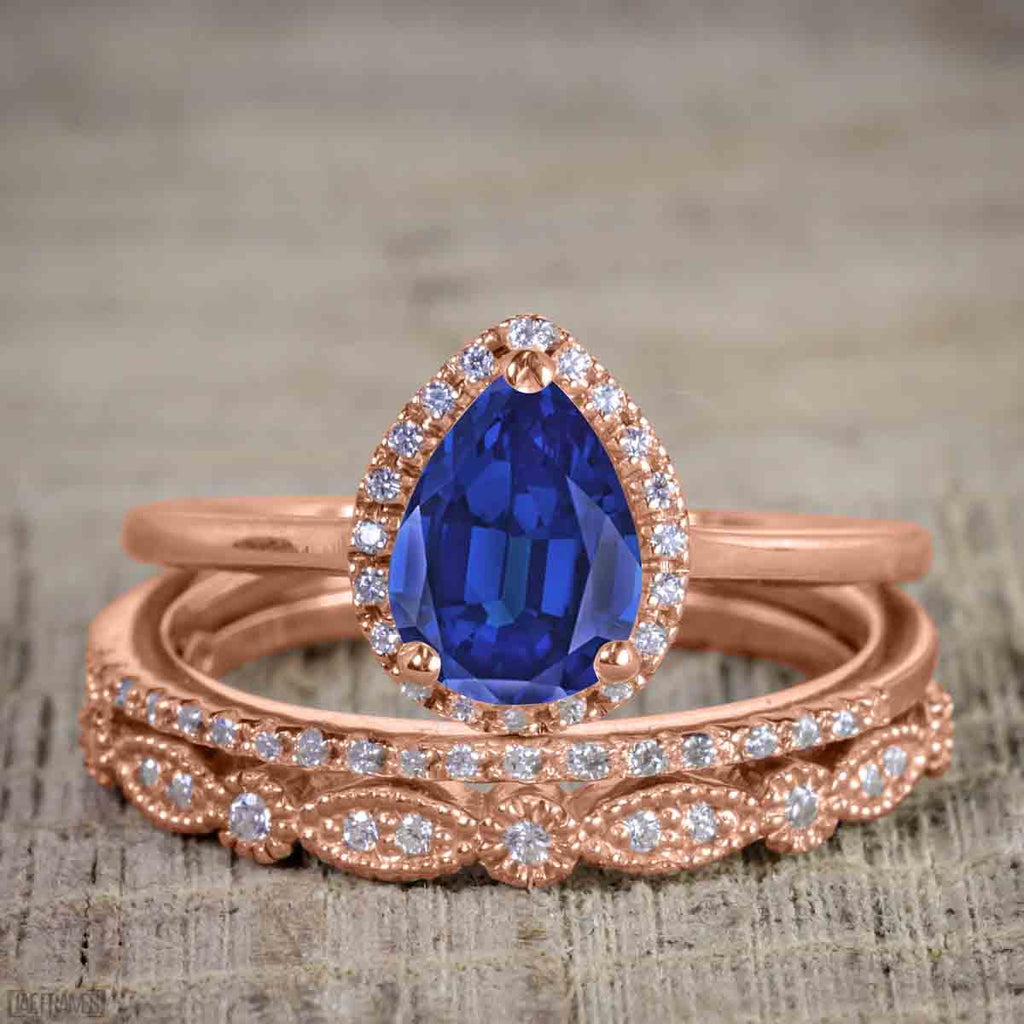 Pear Cut Lab Created Blue Sapphire Trio Wedding Ring Set A745