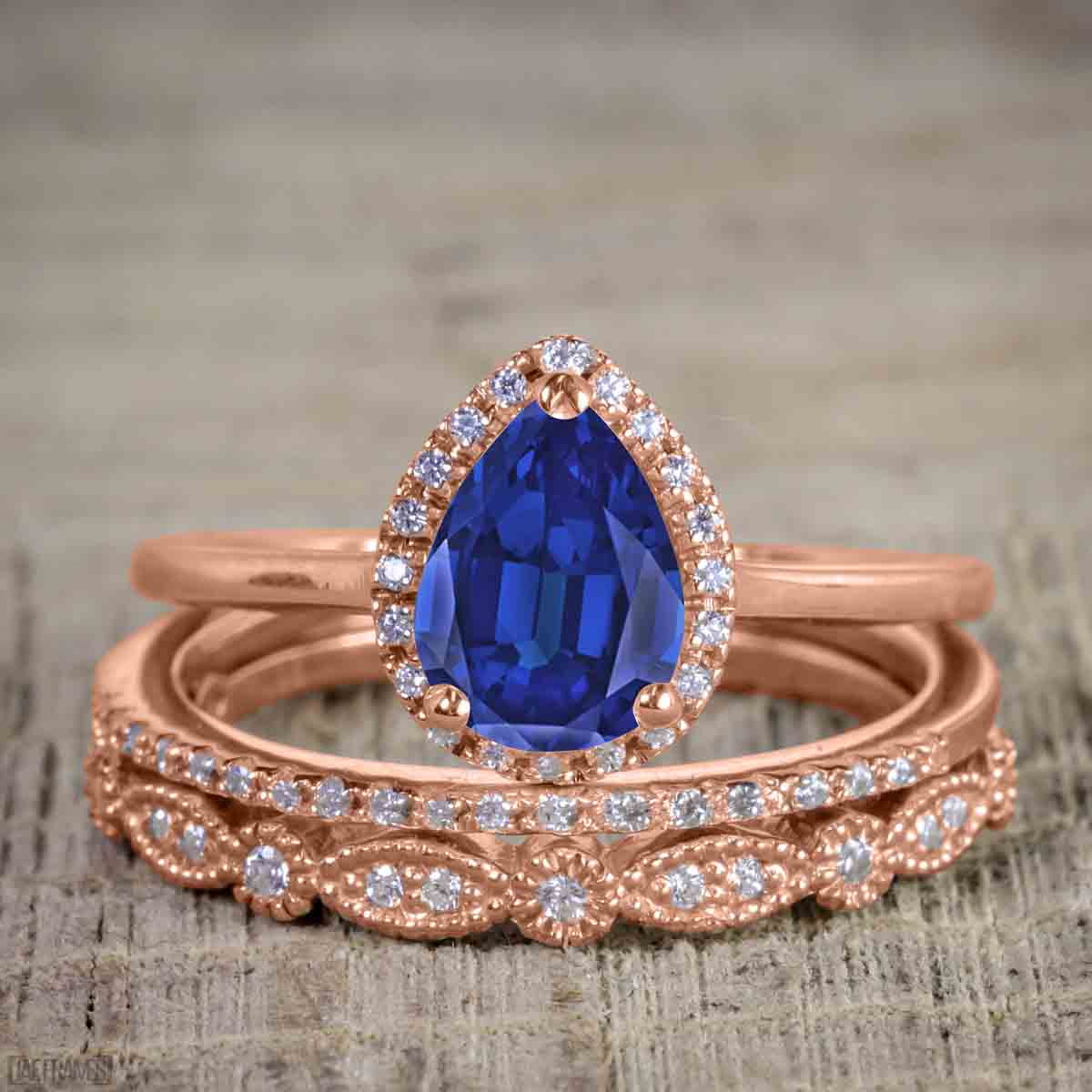 Pear Cut Lab Created Blue Sapphire Trio Wedding Ring Set A745