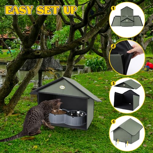 Outdoor Cat Feeding Station, Weatherproof, 13”d x 17”w x 15.5'h (Dusty Blue) J759