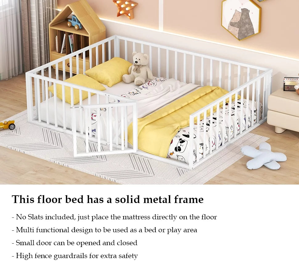 White Queen Metal Floor Bed with Fence Rails and Lockable Door M369846