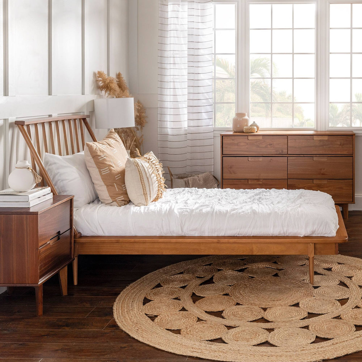 Solid Pine Wood Spindle Bed - Caramel - Queen H340623