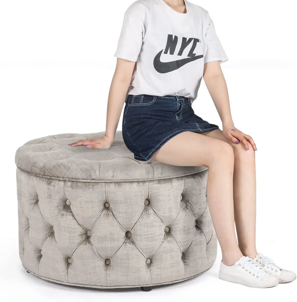 Beige Button Tufted Storage Ottoman Y240611