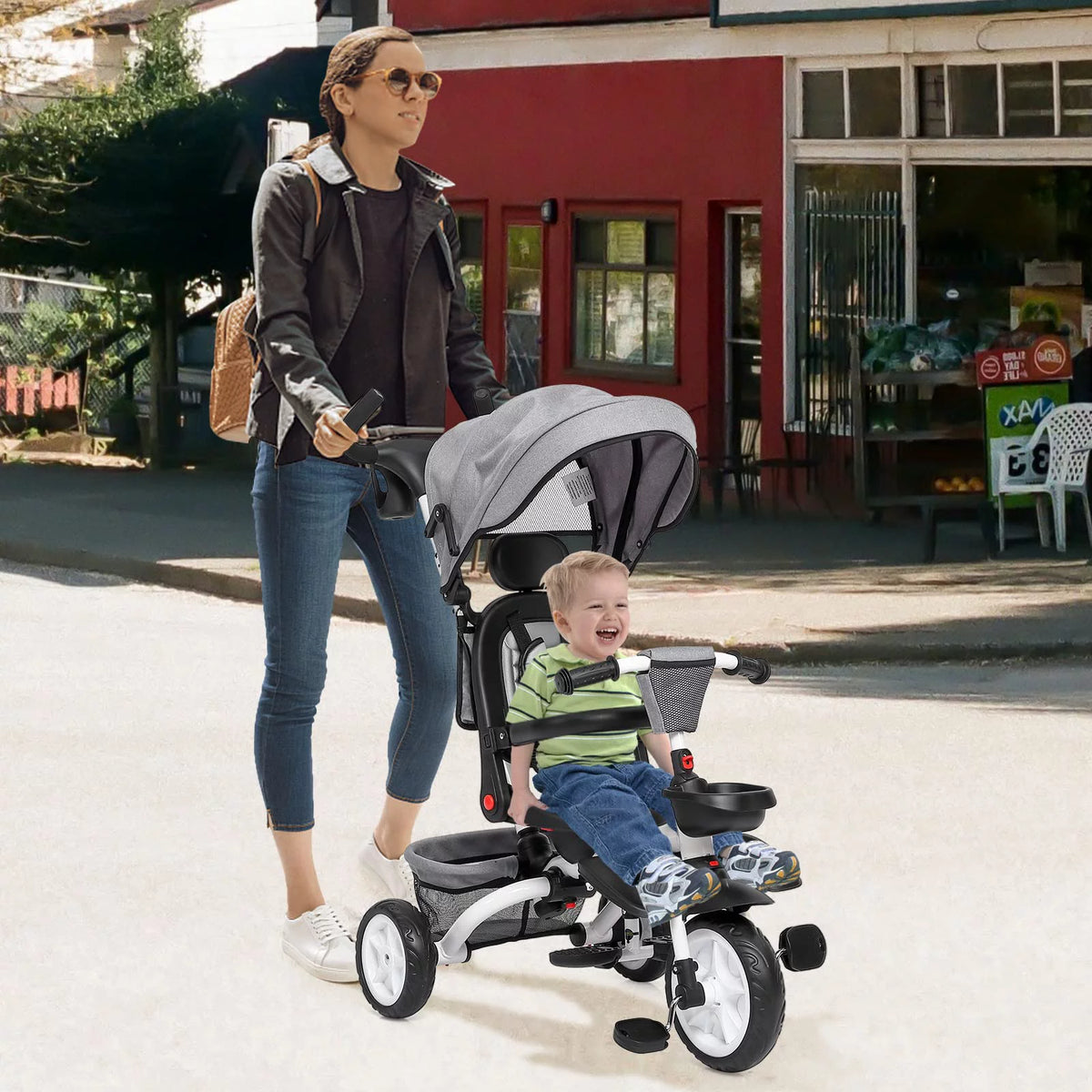 Folding Toddler Tricycle with Adjustable Push Handle, Harness, Canopy and Storage O423