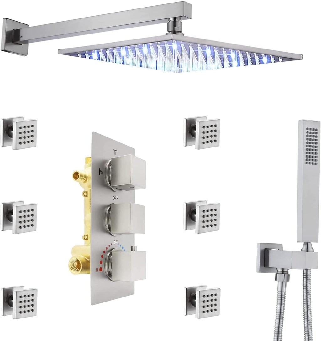 Brushed Nickel 12 Inch Rain Shower Head and Thermostatic Mixer Valve and 6 Massage Body Sprays and Handheld Showerhead Wall Mounted Shower System Set Z106089