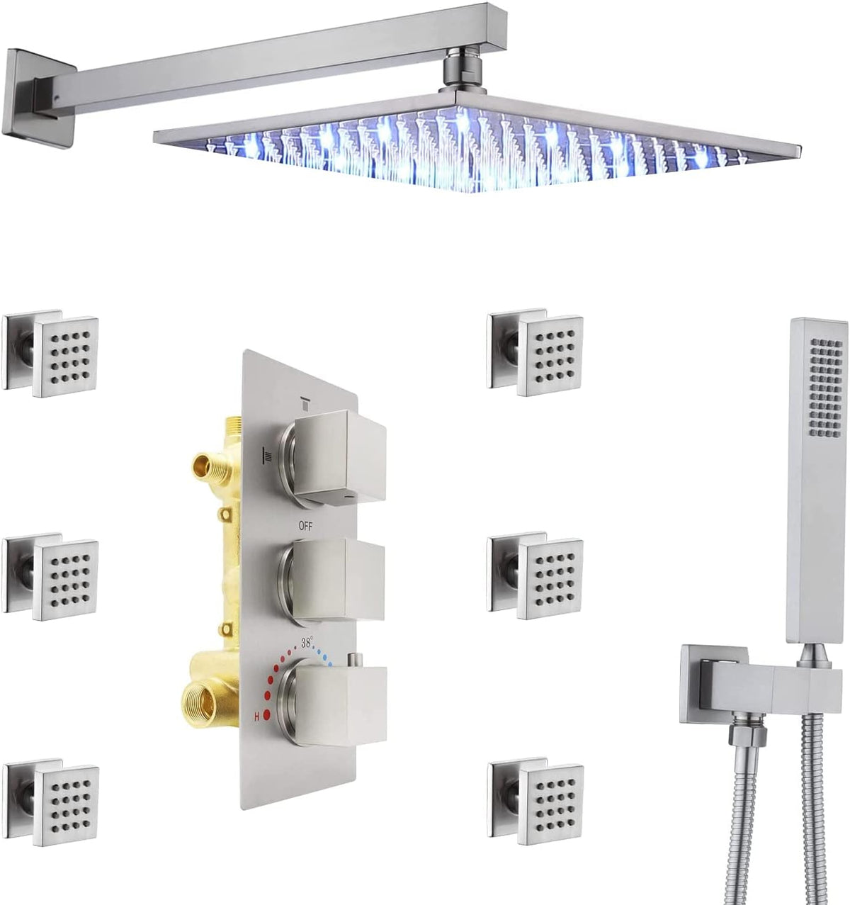Brushed Nickel 12 Inch Rain Shower Head and Thermostatic Mixer Valve and 6 Massage Body Sprays and Handheld Showerhead Wall Mounted Shower System Set Z106089