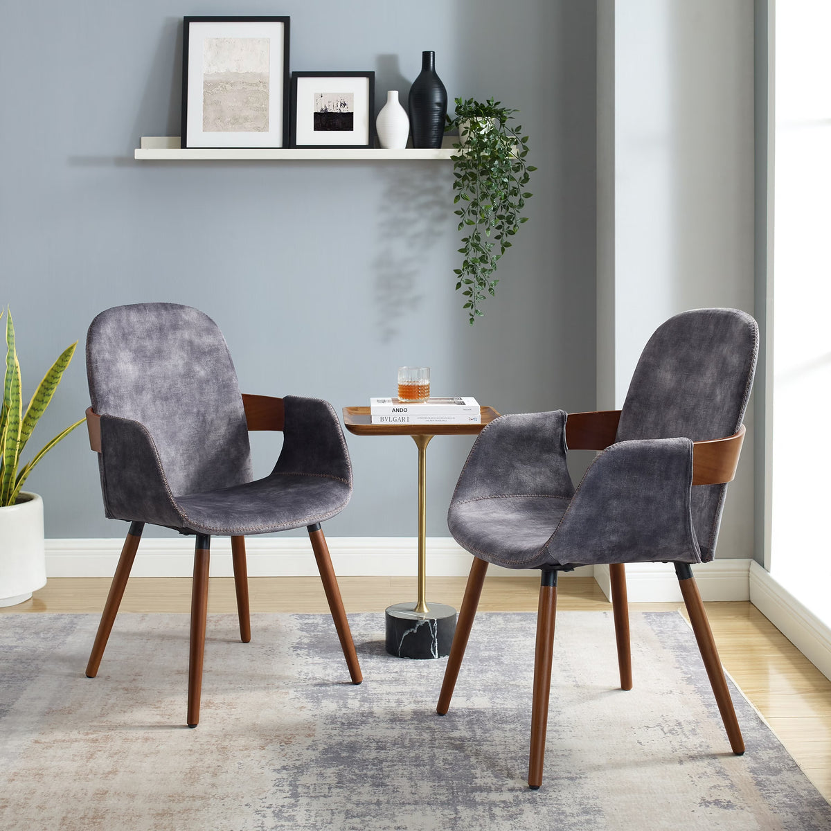 Dark Grey Upholstered Accent Side Chairs with Bamboo Legs Set of 2 L999