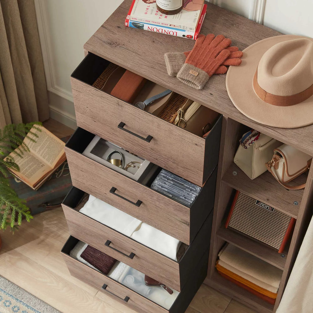 4 Drawer Dresser with Clothes Rack and Shelves E4847