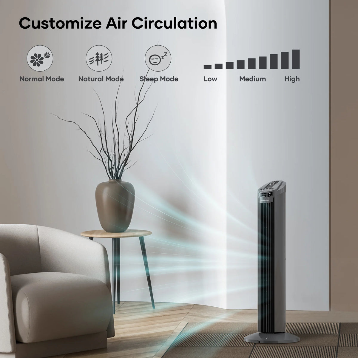 70° Oscillating Tower Fan with Remote Control 3 Speeds 3 Wind Modes Timer Dark Gray H87307