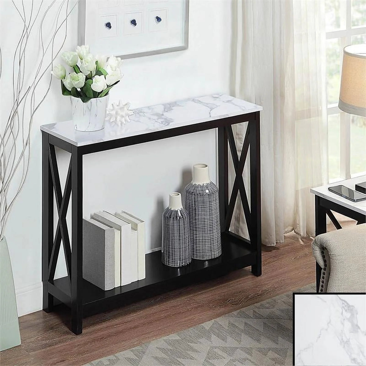 White Faux Marble and Black Wood Console Table with Shelf X409494