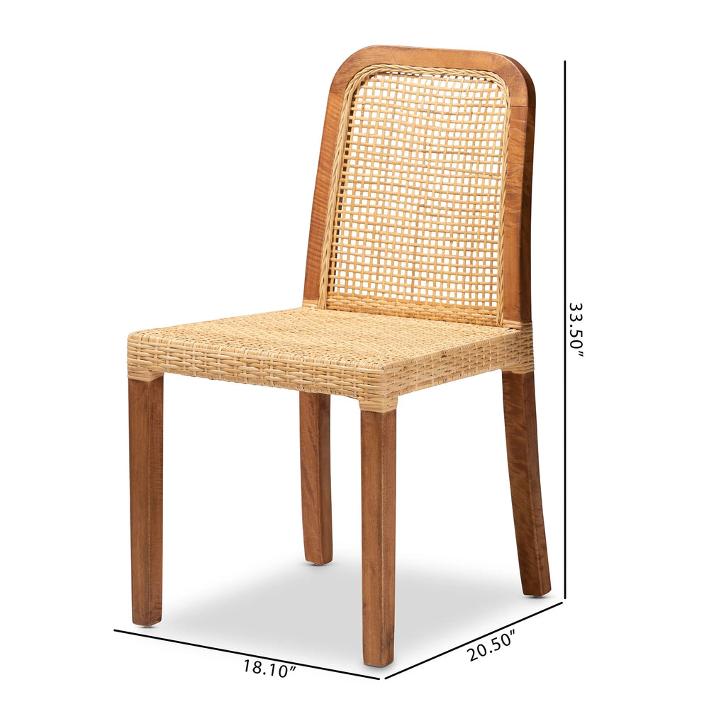 Walnut Brown Wood and Natural Rattan 2-Piece Dining Chair Set T93011
