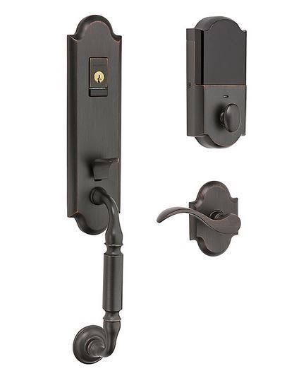 Evolved Single Cylinder Bluetooth Handleset with Left Handed Interior Lever in PVD Lifetime Satin Brass A95411