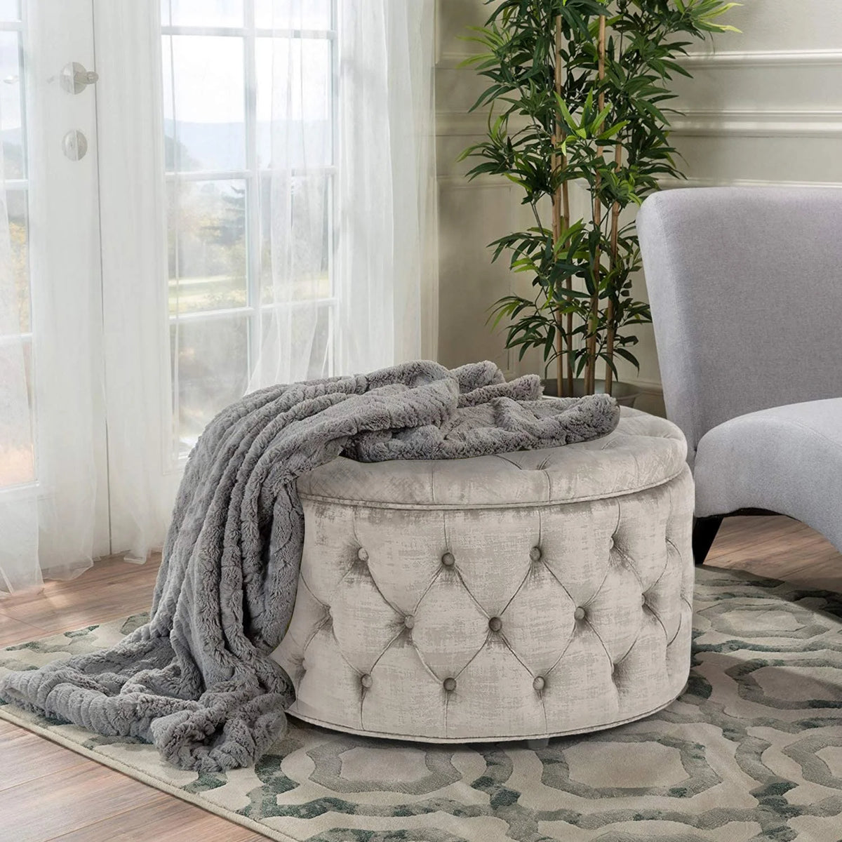 Beige Button Tufted Storage Ottoman Y240611