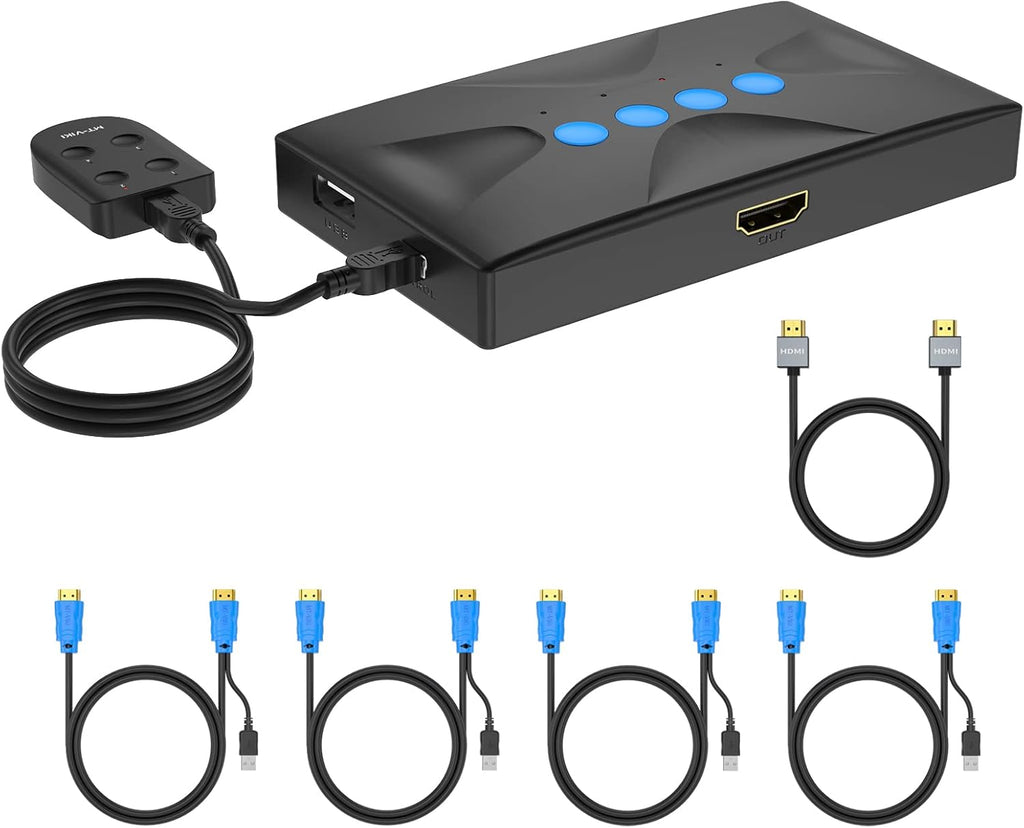 KVM Switch HDMI 8 Port 4K@30Hz 8 in 1 Out with 9pack Cables 4 USB 2.0 Hubs Desktop Selector IR Remote Rack Mount Ears N186886