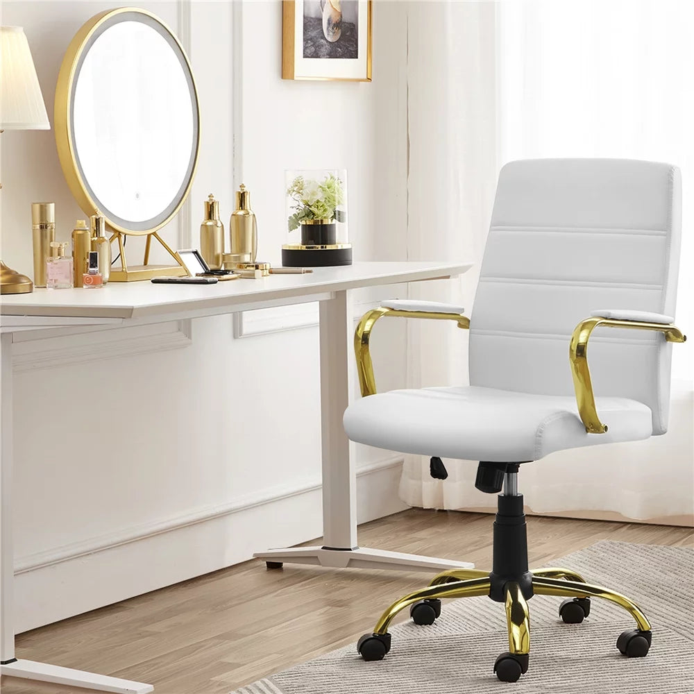 White Mid-Back Swivel PU Leather Office Chair with Gold Frame I286
