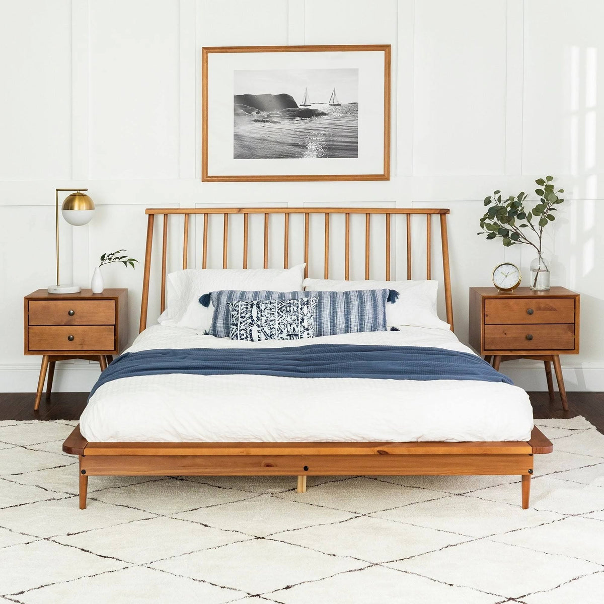 Solid Pine Wood Spindle Bed - Caramel - Queen H340623