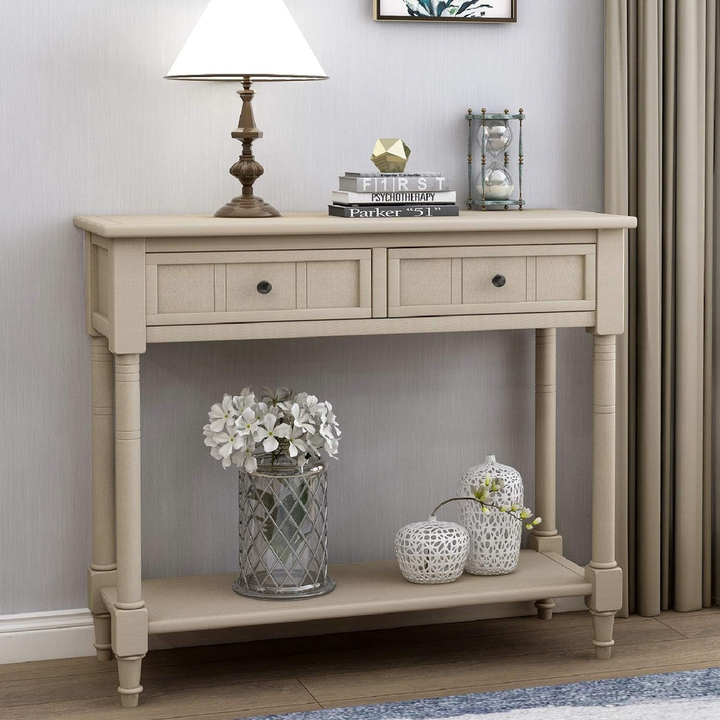 Retro Blue 4-Leg Wood Console Table with Two Drawers and Bottom Shelf I847
