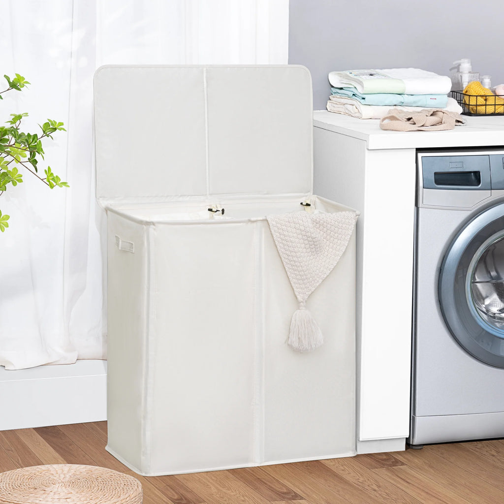 Beige Double Laundry Hamper with Lid and 2 Removable Liner Bags V4989