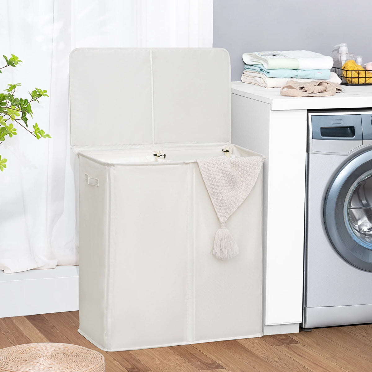 Beige Double Laundry Hamper with Lid and 2 Removable Liner Bags V4989